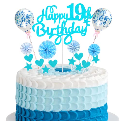 Happy 19th Birthday Tortendeko 19 jahre junge mädchen Kuchendeko 19. Geburtstag junge Blau Tortendeko 19. Geburtstag junge Tortendeko Blau Mit Herz Stern Ballon Glitter Cake Topper für 19 Geburtstag von Cnrose