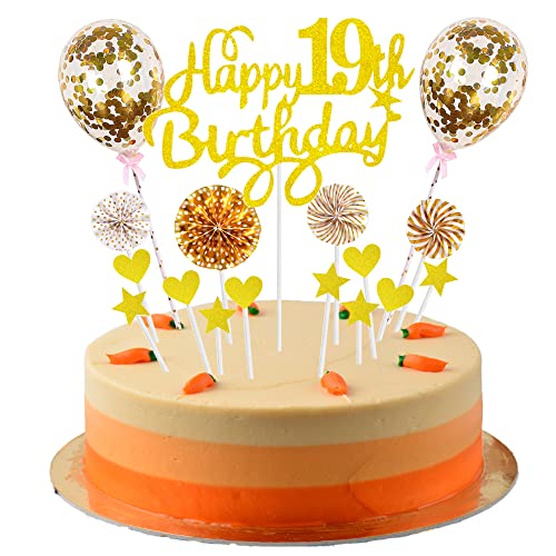 Happy 19th Birthday Tortendeko 19 jahre mädchen junge Kuchendeko 19. Geburtstag mädchen Gold Tortendeko 19. Geburtstag junge Tortendeko Gold Mit Herz Stern Ballon Glitter Cake Topper für 19 Geburtstag von Cnrose