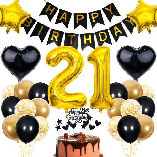 Cnrose 21. Geburtstag Dekoration - Schwarz Gold Party Deko für Männer und Frauen - Tortendeko für 21 Jahre von Cnrose
