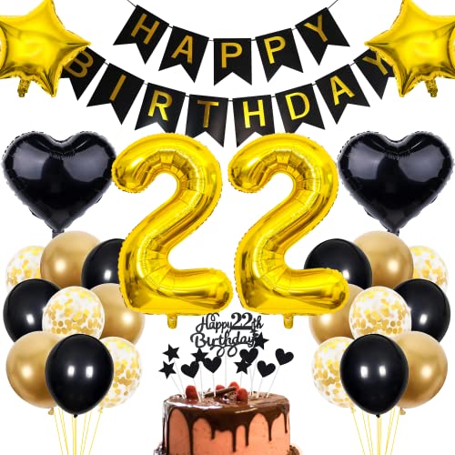 Cnrose 22. Geburtstag Dekoration,Schwarz Tortendeko Geburtstag 22 Jahre Mann,Party Deko Gold Schwarz,22 Geburtstag Männer Frau,Tortendeko 22. Geburtstag Frauen,Geburtstagsdeko 22 Jahre Mann von Cnrose