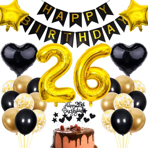 Cnrose 26. Geburtstag Dekoration,Schwarz Tortendeko Geburtstag 26 Jahre Mann,Party Deko Gold Schwarz,26 Geburtstag Männer Frau,Tortendeko 26. Geburtstag Frauen,Geburtstagsdeko 26 Jahre Mann von Cnrose