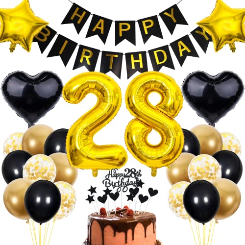 Cnrose 28. Geburtstag Dekoration,Schwarz Tortendeko Geburtstag 28 Jahre Mann,Party Deko Gold Schwarz,28 Geburtstag Männer Frau,Tortendeko 28. Geburtstag Frauen,Geburtstagsdeko 28 Jahre Mann von Cnrose