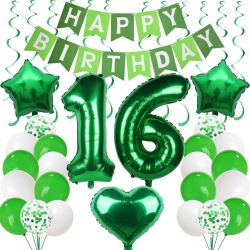 Ballons 16. Geburtstag Grün - Luftballons und Deko für Jungen und Mädchen - Geburtstagsdeko 16 Jahre Mit Girlande von Cnrose