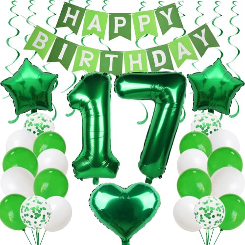 Ballons 17. Geburtstag Grün - Luftballons und Deko für Jungen und Mädchen - Geburtstagsdeko 17 Jahre mit Girlande von Cnrose