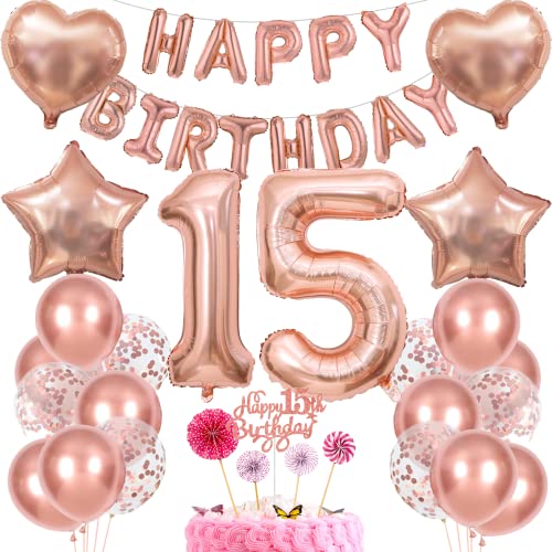 Deko 15. Geburtstag Mädchen Tortendeko Rosegold - Geschenk für 15 Jahre Mädchen Mit Ballon Deko 15. Geburtstag Mädchen Tortendeko Rosegold - Geschenk für 15 Jahre Mädchen Mit Ballon von Cnrose