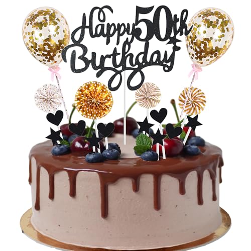 Cnrose Tortendeko Mann Frauen 50. Geburtstag Hello 50 Cake Topper schwarz gold mit Herz Stern Ballon Kuchendeko 50. Geburtstag Happy 50th Birthday Tortendeko 50 jahre Mann 50 Geburtstag Frauen von Cnrose