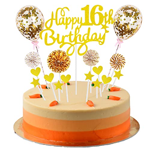 Cnrose Tortendeko junge 16. Geburtstag Hello 16 Cake Topper Gold mit Herz Stern Ballon Kuchendeko 16. Geburtstag mädchen Happy 16th Birthday Tortendeko 16 jahre mädchen junge 16 Geburtstag mädchen von Cnrose