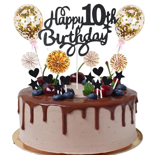 Cnrose Tortendeko junge mädchen 10. Geburtstag Hello 10 Cake Topper schwarz gold mit Herz Stern Ballon Kuchendeko 10. Geburtstag Happy 10th Birthday Tortendeko 10 jahre junge 10 Geburtstag Mädchen von Cnrose