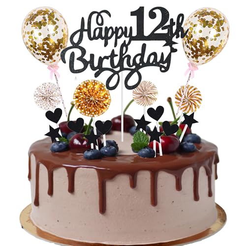 Cnrose Tortendeko junge mädchen 12. Geburtstag Hello 12 Cake Topper schwarz gold mit Herz Stern Ballon Kuchendeko 12. Geburtstag Happy 12th Birthday Tortendeko 12 jahre junge 12 Geburtstag Mädchen von Cnrose