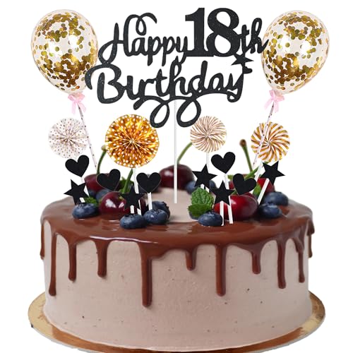 Cnrose Tortendeko junge mädchen 18. Geburtstag Hello 18 Cake Topper schwarz gold mit Herz Stern Ballon Kuchendeko 18. Geburtstag Happy 18th Birthday Tortendeko 18 jahre junge 18 Geburtstag Mädchen von Cnrose