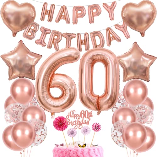 Deko 60. Geburtstag Frau Tortendeko Rosegold - Geschenk für Frauen, Ballon und Deko Set für 60 Jahre Jubiläum von Cnrose