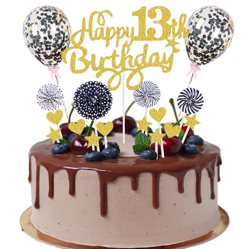 Happy 13th Birthday Tortendeko 13 jahre junge mädchen Kuchendeko 13. Geburtstag Gold Schwarz Tortendeko 13. Geburtstag junge Tortendeko Gold Mit Herz Stern Ballon Glitter Cake Topper für 13 Geburtstag von Cnrose