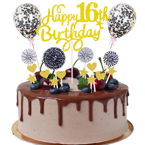Happy 16th Birthday Tortendeko 16 jahre junge mädchen Kuchendeko 16. Geburtstag Gold Schwarz Tortendeko 16. Geburtstag junge Tortendeko Gold Mit Herz Stern Ballon Glitter Cake Topper für 16 Geburtstag von Cnrose