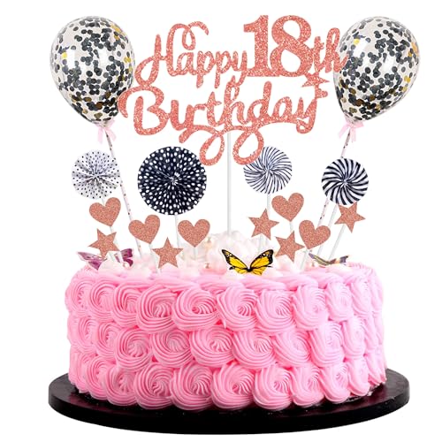 Happy 18th Birthday Tortendeko 18 jahre Mädchen Kuchendeko 18. Geburtstag Mädchen Rosa Schwarz Tortendeko 18. Geburtstag Mädchen Tortendeko Rosegold Schwarz Mit Herz Stern Ballon Glitter Cake Topper von Cnrose