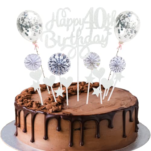 Tortendeko 40. Geburtstag - Kuchen Topper Happy Birthday 40 Jahre - Deko für Mann und Frau - Kuchendeko Silber von Cnrose