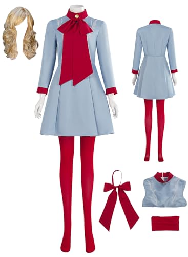 Cnulaueu Damen Die With Smile Cosplay Kostüm Gaga Blau Kleid Uniform Anzug Halloween Outfit Kleid Strümpfe Set (Blau mit Perücke, 3XL) von Cnulaueu
