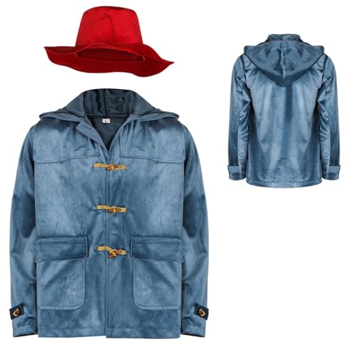 Cnulaueu Der Braune Bär Cosplay Kostüm Blaue Kapuze Wildleder Jacke Horn Mantel Bär Uniform Anzug Halloween Outfits mit Hut (Blau, XXL) von Cnulaueu