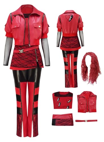 Cnulaueu Erwachsene Red Tunika Jacke Uniform Perücke Anzug Descendants Rise of Red Cosplay Kostüm Halloween Outfit Mantel (Rot + Perücke, L) von Cnulaueu