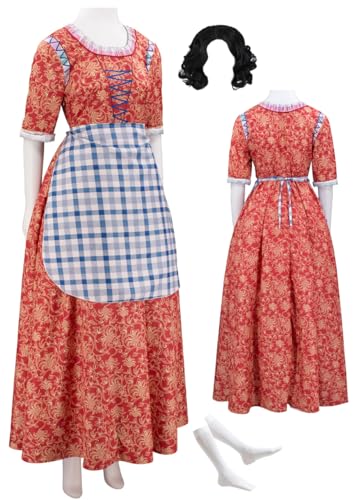 Cnulaueu Frauen Snow Princess Cosplay Kostüm Rote Maid Kleid Schürze Halskette Anzug Märchen Weiß Halloween Outfits (Rot mit Perücke, XL) von Cnulaueu