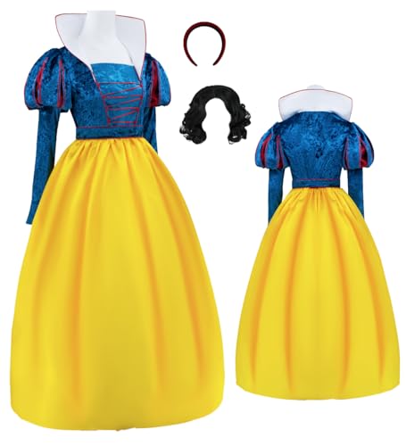 Cnulaueu Frauen Snow Princess Cosplay Kostüm Weiße Prinzessin Blau Samt Kleid Anzug Märchen Halloween Outfits (Blau mit Perücke, S) von Cnulaueu