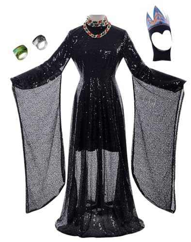 Cnulaueu Frauen White Snow Cosplay Kostüm Evil Queen Schwarzer Boden Pailletten Kleid Anzug Märchen Halloween Outfits (Schwarz, M) von Cnulaueu