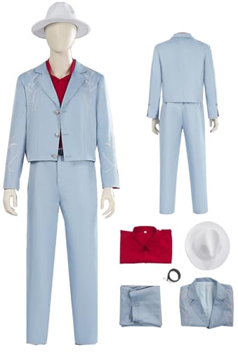 Cnulaueu Herren Die With Smile Cosplay Kostüm Bruno Blau Uniform Blazer Anzug Mars Halloween Outfit Jacke Hose Hut (Blau, XXL) von Cnulaueu