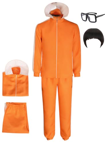 Cnulaueu Herren Victor Cosplay Kostüm Orange Trainingsanzug Jacke Sport Uniform Anzug Anime Die Villian Halloween Outfit Voll Set (Orange mit Perücke, XL) von Cnulaueu
