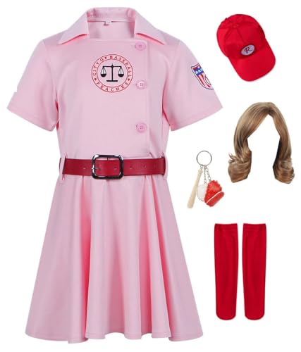 Cnulaueu League of Their Own Cosplay Kostüm Dottie Rosa Kleid Kleine Baseball Trikots Uniform Anzug Halloween Outfit (Rosa mit Perücke, M) von Cnulaueu