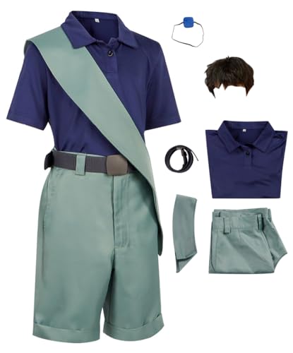 Cnulaueu Little Elio Cosplay Kostüm Blau T-Shirt Shorts Gürtel Uniform Anzug Erde Kommissar Halloween Outfits (Blau mit Perücke, L) von Cnulaueu