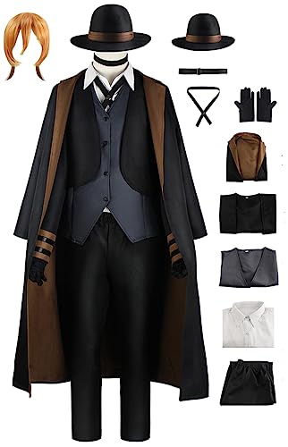 Erwachsene Bungo Stray Dogs Cosplay Kostüm Anzug Anime Manga Halloween Outfit Dazai Osamu Uniform Mantel (Nakahara Chuuya mit Perücke, XXL) von Cnulaueu