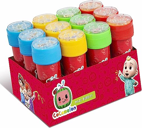 CoComelon Blasen für Kinder mit Labyrinth-Deckel - Das Multipack enthält 12 Flaschen Blasenlösung und Blasenstäbe - Blasen für Partytüten, Gartenspiele und Innenspiele CoComelon Blasen für Kinder mit Labyrinth-Deckel - Das Multipack enthält 12 Flaschen Blasenlösung und Blasenstäbe - Blasen für Partytüten, Gartenspiele und Innenspiele von CoComelon