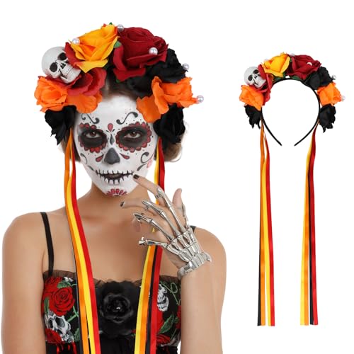 Floral Day of the Dead Stirnband - Mexikanischer Totenkopf Rose Blumenkrone Kopfschmuck für Cinco de Mayo Partys Frieda Kahlo Halloween Kostüm Tag der Toten Kostüm Coco Themed Work Party Floral Day of the Dead Stirnband - Mexikanischer Totenkopf Rose Blumenkrone Kopfschmuck für Cinco de Mayo Partys Frieda Kahlo Halloween Kostüm Tag der Toten Kostüm Coco Themed Work Party von CoFashion