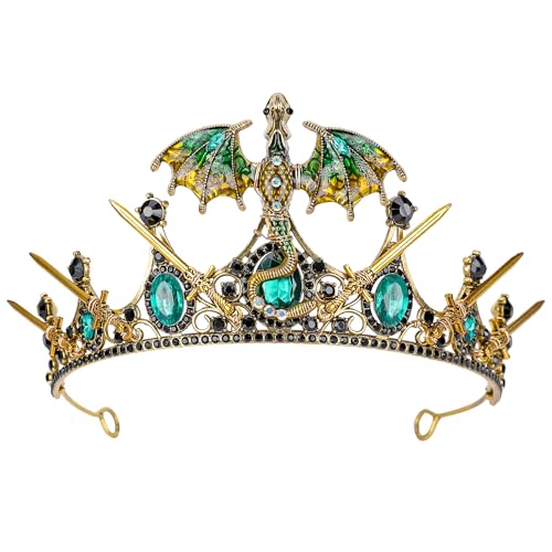 CoTeeZa Fantasy Drachenkrone für Frauen - Gold Grün Drachen Schwert Kopfschmuck, Mittelalter Königin Hexe Stirnband für Renfaire Festival Halloween Cosplay Prom Quinceanera Zubehör von CoTeeZa