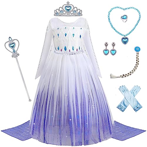 Mädchen Prinzessin Kleid, CoatCool 9-teiliges Kinder Kostüme für Mädchen Prinzessin Kostüm Kleid Dress mit Krone Zauberstab für Weihnachten Halloween Cosplay Verkleidung Karneval Geburtstag Party, 130 von CoatCool