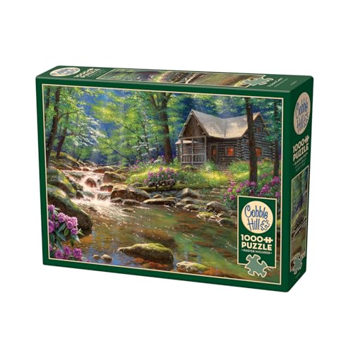 Cobble Hill 3840199 Waldhütte am Bach, 1000 Teile Puzzle inkl. Puzzleposter für Erwachsene und Kinder ab 12 Jahren, Landschaftspuzzle, Blockhaus von Cobble Hill