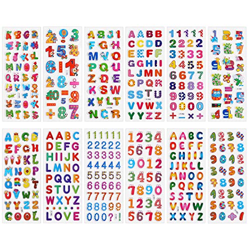 Cobee 3D Nummern Buchstaben Aufkleber für Kinder, 12 Blätter Bunte Alphabet Aufkleber geschwollene Kinder Aufkleber Selbstklebende Nummern Aufkleber DIY Dekoration Aufkleber für Mädchen Jungen von Cobee
