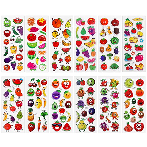 Cobee 3D Puffy Aufkleber für Kinder, 12 Blätter Schaumstoff Gemüse Obst farbige Kinder Aufkleber für Scrapbooking Lehrer Belohnungsaufkleber DIY Dekoration Aufkleber für Jungen Mädchen von cobee