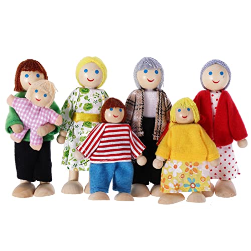 cobee Puppenhaus Familie Menschen Figuren, 7 Stück Holz Puppenhaus Familie Puppen Mini Puppe Familie Pretend Play Figuren Miniatur Puppenhaus Puppe Figuren (C) von cobee