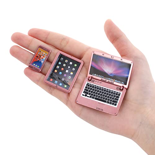 cobee 1:12 Puppenhaus Mini Laptop Set, Mini Metall Laptop Tablet Smartphone 3pcs Szene Simulation Zubehör Puppenhaus Möbel Puppenzubehör Spielset (Roségold) von Cobee