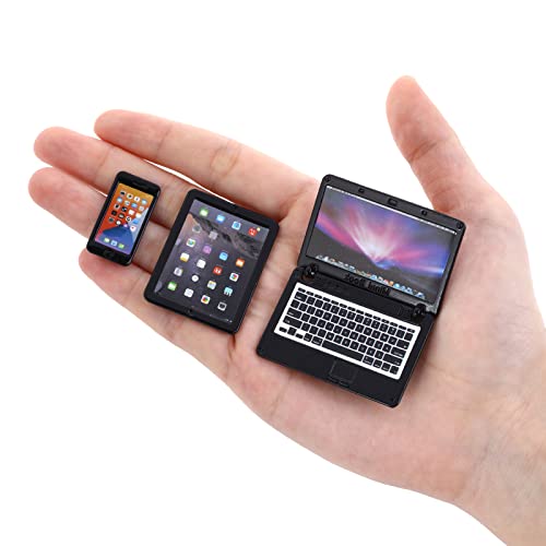 cobee 1:12 Puppenhaus Mini Laptop Set, Mini Metall Laptop Tablet Smartphone 3pcs Szene Simulation Zubehör Puppenhaus Möbel Puppenzubehör Spielset (Schwarz) von Cobee