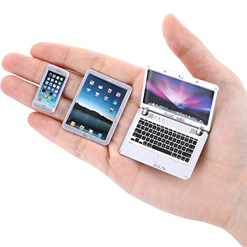 cobee 1:12 Puppenhaus Mini Laptop Set, Mini Metall Laptop Tablet Smartphone 3pcs Szene Simulation Zubehör Puppenhaus Möbel Puppenzubehör Spielset (Weiß) von Cobee