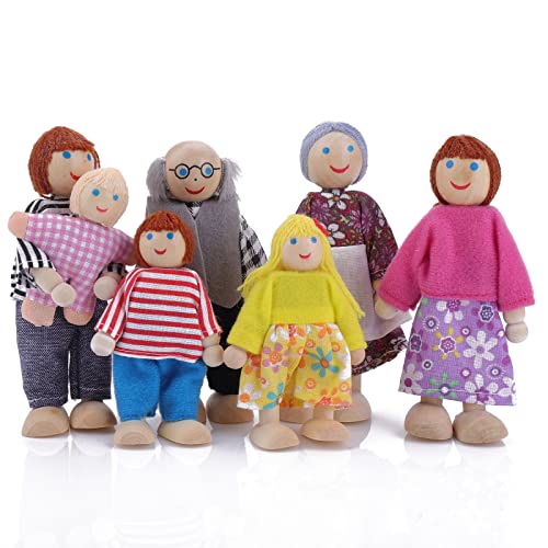 Cobee Puppenhaus Familie Menschen Figuren, 7 Stück Holz , Puppen Mini Puppe Familie Pretend Spielfiguren Miniatur Puppenhaus Puppenfiguren (B) von Cobee