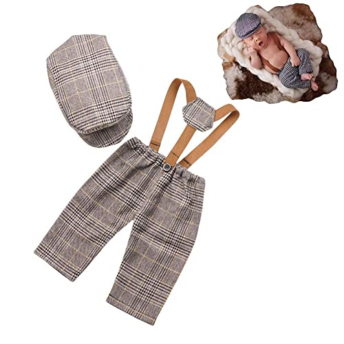 ETRSAIRL Neugeborenen Monatliche Baby Foto Requisiten Streifen Kariert Flache Kappe Newsboy Strapse Hosen Strampler für Fotografie Outfits, Braun von Coberllus