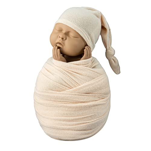 Fotorequisiten für Neugeborene, Jungen, Mädchen, Schlafknotenhut und Stretchstoff, Wickeldecke, Foto-Requisite, Outfit-Set (cremefarben) von Coberllus