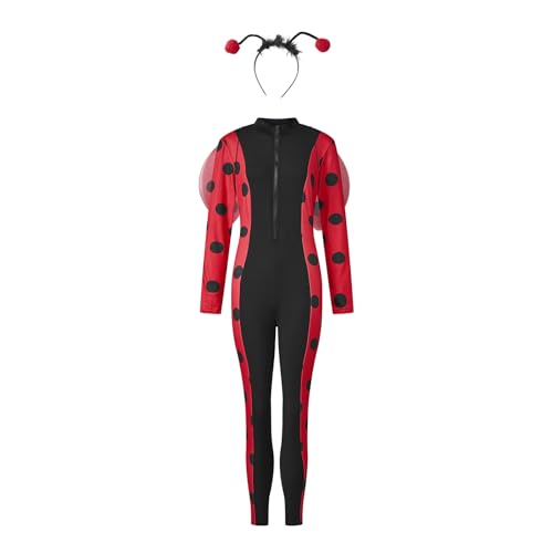Damen Halloween Marienkäfer Kostüm Strampler Erwachsene Langarm Reißverschluss Punkt Jumpsuit mit Flügeln für Cosplay Party (Rot, XL) von CocMouse