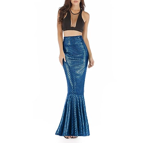 Damen Halloween Meerjungfrau Kostüme Hohe Taille Bodycon Pailletten Maxirock für Cosplay Rollenspiel Party Outfits (D-Blue, XXL) von CocMouse