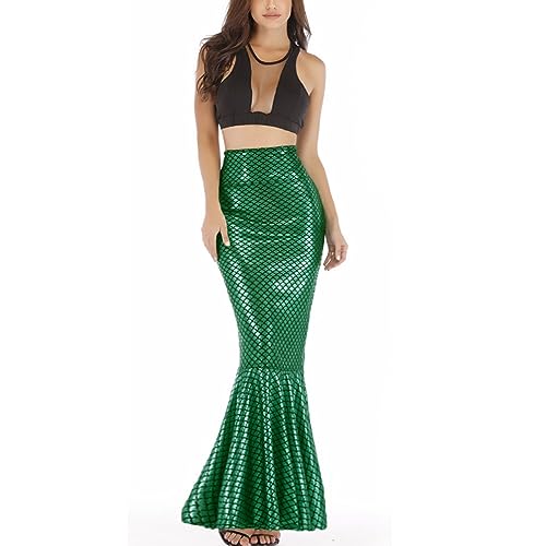 Damen Halloween Meerjungfrau Kostüme Hohe Taille Bodycon Pailletten Maxirock für Cosplay Rollenspiel Party Outfits (D-Grün, XL) von CocMouse