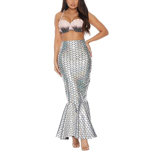 Damen Halloween Meerjungfrau Kostüme Hohe Taille Bodycon Pailletten Maxirock für Cosplay Rollenspiel Party Outfits (Silber, L) von CocMouse