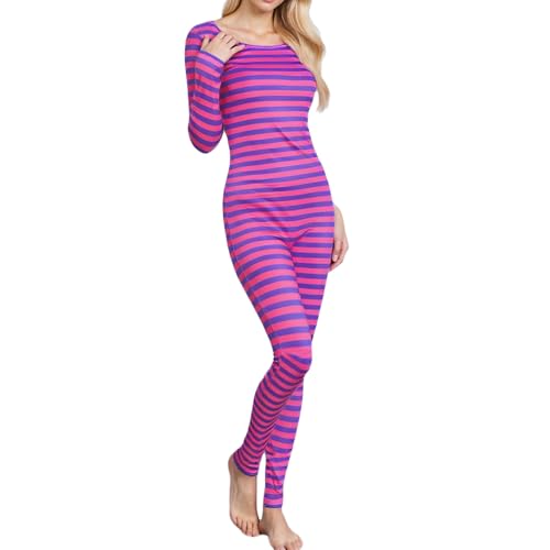 Damen Katze Halloween Kostüm Rosa Lila Gestreift Langarm Jumpsuit Party Cosplay Outfit Dress Up Kostüm (Fuchsia, L) von CocMouse