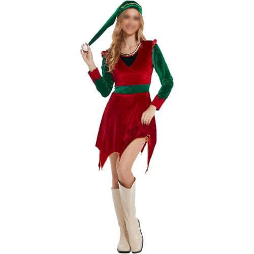 Elfenkostüm für Damen, Weihnachtsanzug, Weihnachtsmannelfen, Kleid, Weihnachten, ausgefallene Feiertage, Party, Cosplay, Anzug, Rot, Größe M, 2 Stück Elfenkostüm für Damen, Weihnachtsanzug, Weihnachtsmannelfen, Kleid, Weihnachten, ausgefallene Feiertage, Party, Cosplay, Anzug, Rot, Größe M, 2 Stück von CocMouse
